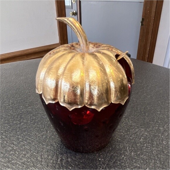 Avon Other - Avon Red Glass Fruit Canister Gold Twist Off Lid and Spoon  Vintage box 40